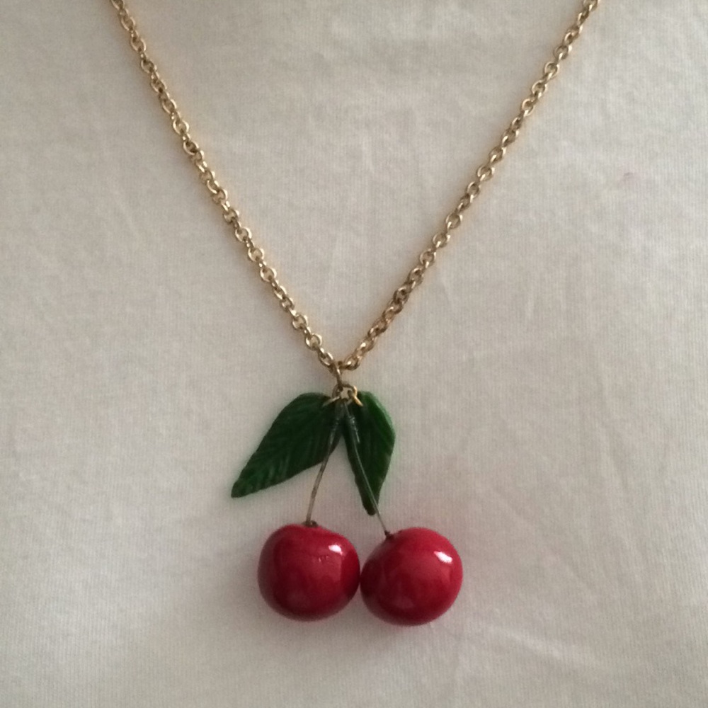 Cherry necklace, gold tone long chain, handmade